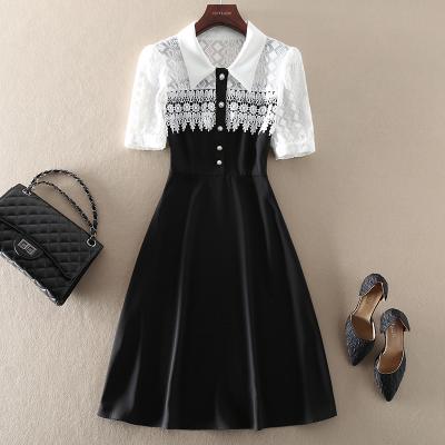 Spring and summer elegant A-word embroidered stitching dress