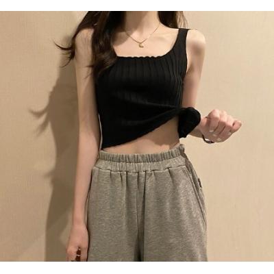 Women's knitted vest pullover rib knit solid color square collar fashion casual