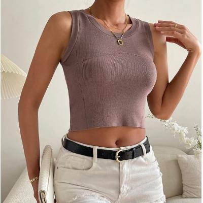 Women's knit vest pullover rib knit short woven solid color crew collar