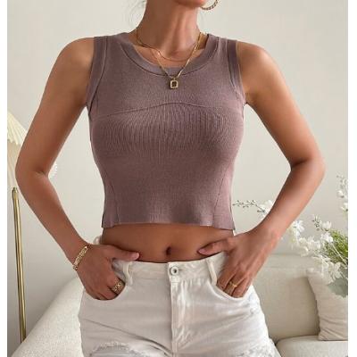 Women's knit vest pullover rib knit short woven solid color crew collar