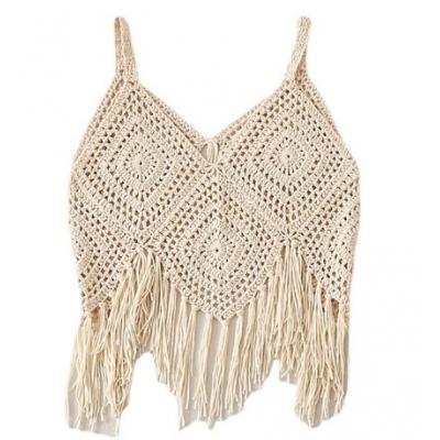 Women's knitted vest pullover crochet fringe open back solid color V-neck beige