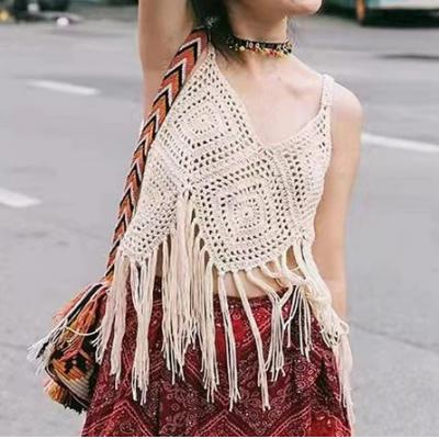 Women's knitted vest pullover crochet fringe open back solid color V-neck beige